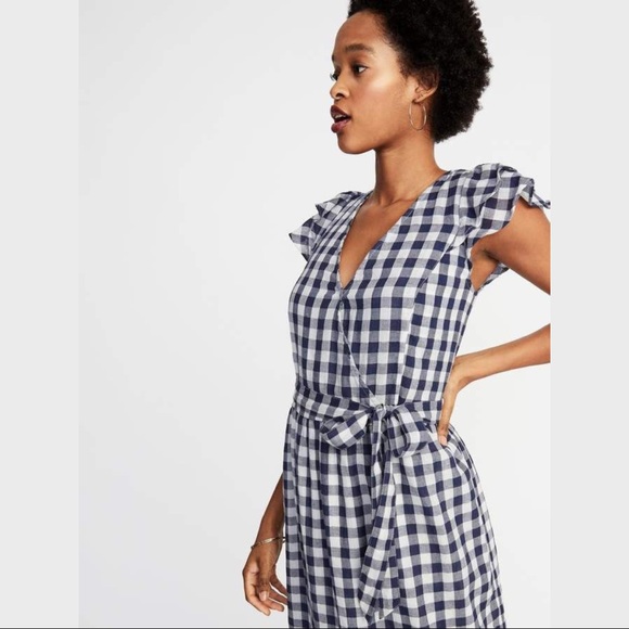 Old Navy Ruffle-Sleeve Gingham Waist-defined Tie Waist Midi Dress Size L - Picture 3 of 11